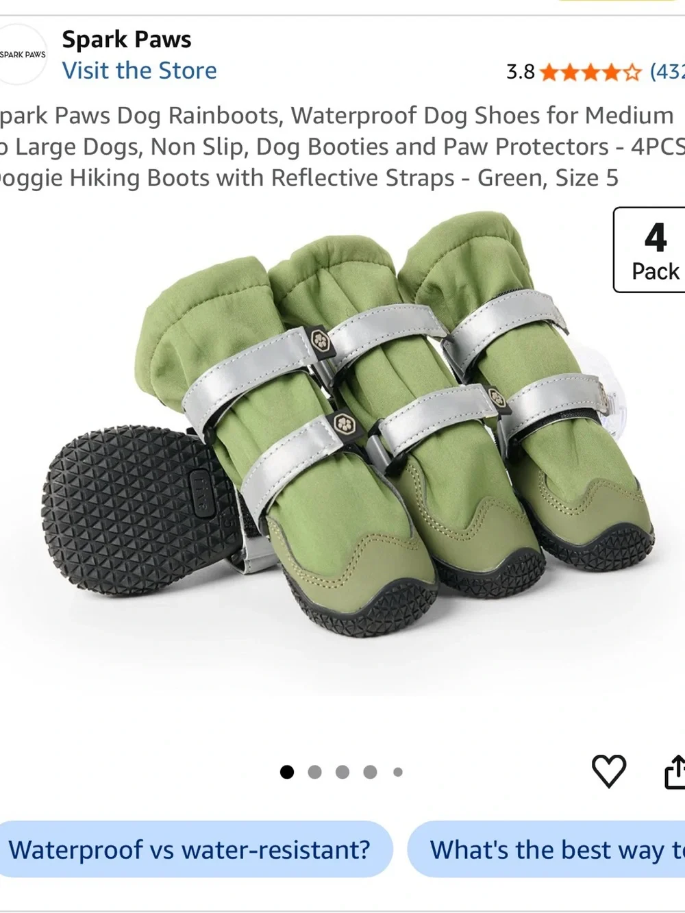 Green Waterproof Dog Boots with Reflective Straps